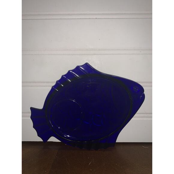 Vintage Cobalt Blue Fish Dish Snack Plate Missing Cup - Picture 3 of 3
